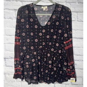 NWT Stlye & Co Black  Red Boho Peasant Blouse S Small